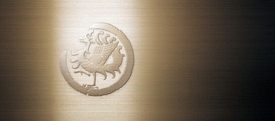 a chinese bird as a phoenix on champagne metal and iron textures background
