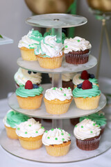 Tasty sweet cupcake on stand, closeup.
