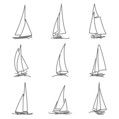 Set of simple vector images of sailing yachts with triangular sails on waves drawn in line style. - 485805262