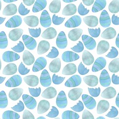Seamless pattern of watercolor illustrations in blue, Easter eggs with a pattern