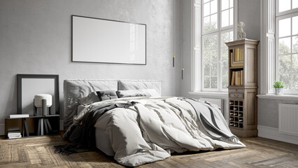 Modern beautiful interior of the room with white walls, large windows and stylish furniture. Bright and stylish design. 3D rendering