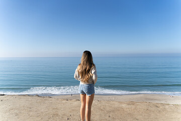 Fototapeta na wymiar Aussicht von der Klippe über dem Strand, Urlaub am Meer. Küste von Kalifornien, USa. San Clemente Beach