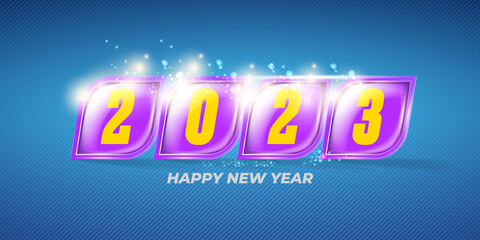 2023 Happy new year horizontal web banner background and 2023 greeting card, cover with text. vector 2023 new year sticker, label, icon, logo and badge isolated on stylish blue modern background
