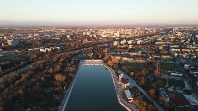 Aerial sunset view of Rowing Venue in city of Plovdiv, Bulgaria