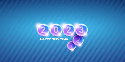 2023 Happy new year horizontal web banner background and 2023 greeting card, cover with text. vector 2023 new year sticker, label, icon, logo and badge isolated on stylish blue modern background