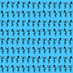 Black silhouettes of people carrying vases with fruits on their heads. Blue background. Monochrome. Vector illustration. Seamless pattern.