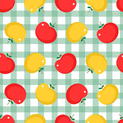 Apple fruit. Fruit seamless background or wallpaper. Checkered plaid repeated design great for kitchen and food digital paper, textile, fabric, decor, wrapping. Vintage surface illustration.