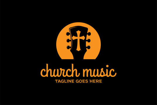 Simple Sunset with Guitar and Christian Cross for Church Song Music Logo Design Vector