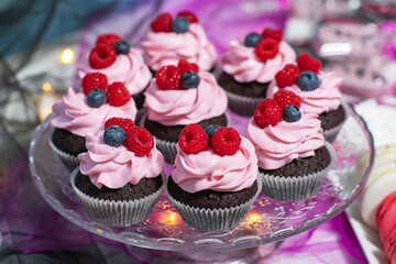 Delicious chocolate cupcakes with cream on the plate