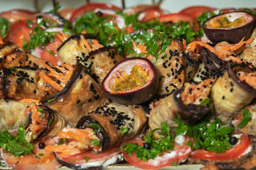 Fried eggplants in a frying pan.