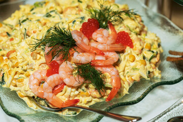 Healthy salad plate. Fresh seafood recipe. Grilled shrimps and fresh vegetable salad and egg. Grilled prawns. Healthy food. Flat lay. Top view