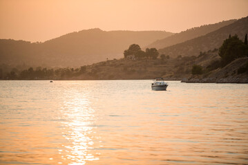 Motor boat at sunset, Ermioni, Peloponnese, Greece
