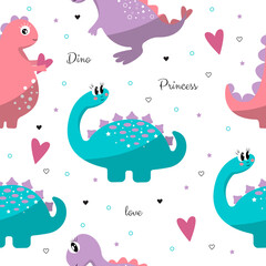 Cute dinosaurs. Seamless pattern. Greeting packaging, background for little princess, print on fabric. Romantic, hearts, stars