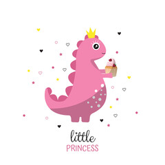 Cute pink dinosaur in crown and with muffin. postcard for girl. pattern for little princess.