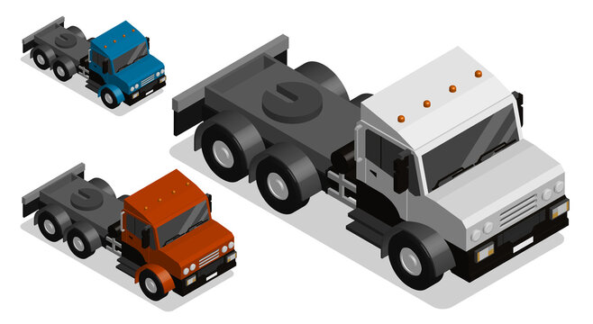 Isometric Heavy truck for transporting goods over long distances. Industrial machinery and equipment. Realistic 3D vector isolated on white background