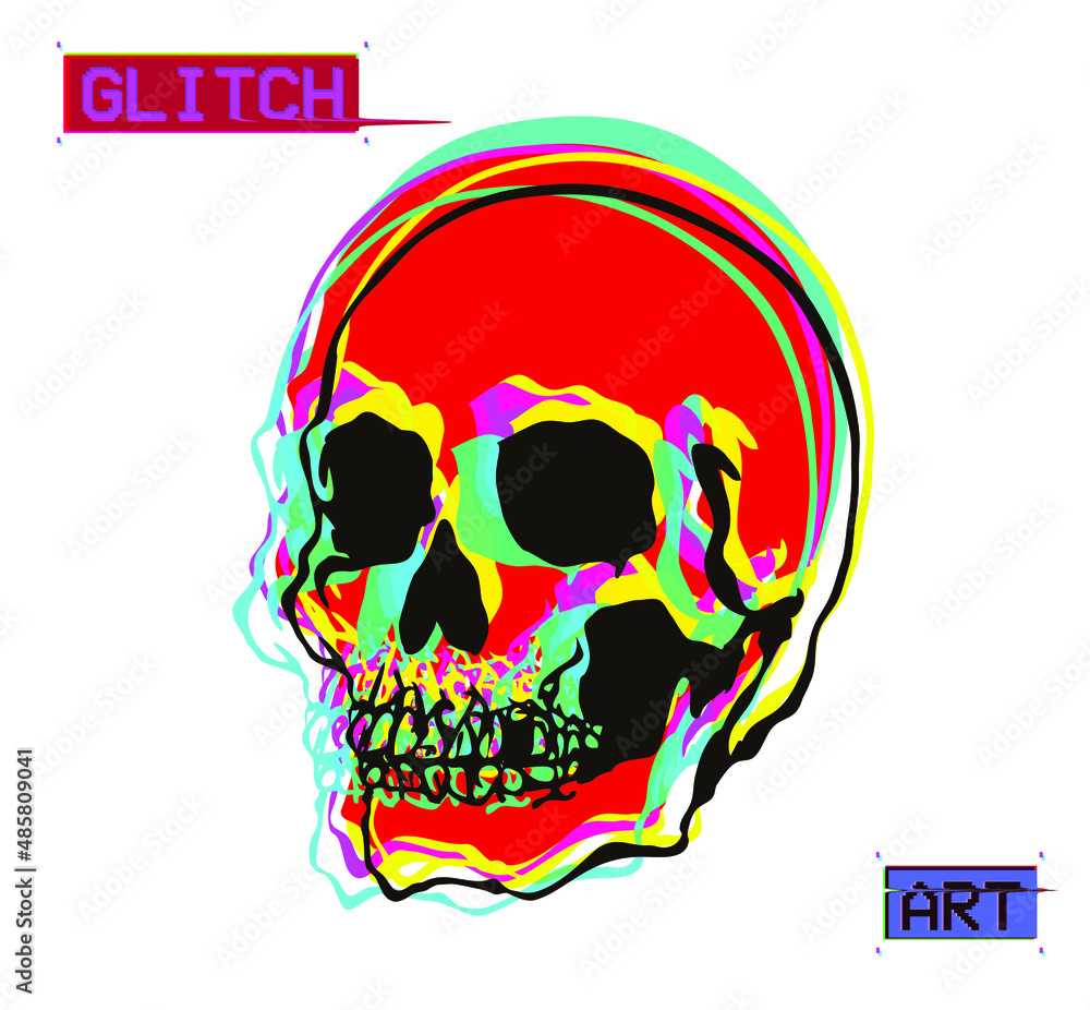 Aufkleber vector flat minimalist illustration of red and color glitched line screaming skull in cmyk color mod