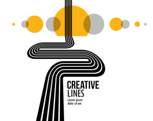 Linear composition vector road to horizon, abstract background with lines in 3D perspective, optical illusion op art, black and yellow colors. © Sylverarts