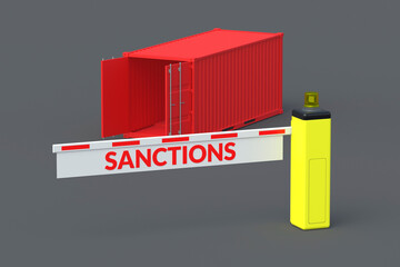 Shipping container, barrier with word sanctions. Delivery ban. Cargo restriction. Embargo on import and export of goods. Prohibited shipping. Cancellation of transportation. 3d render