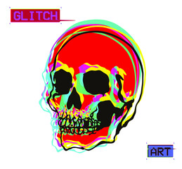 Vector flat minimalist illustration of red and color glitched line screaming skull in CMYK color mode offset in minimalist tattoo style.	
