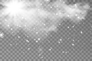 Vector illustration of flying snow on a transparent background.Natural phenomenon of snowfall or blizzard.