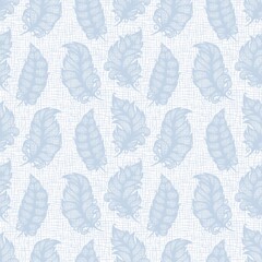 Seamless pattern with decorative feathers. Openwork leaves on a checkered linen background with burlap texture. Soft light blue colors. Template for fabrics, wallpaper, textiles, pillows, bed linen.