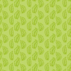 Seamless pattern with leaves. Bright green background with foliage, feathers. Spring, summer plant theme. Endless texture for fabrics, wallpapers, textiles, wrapping paper, web. Vector illustration.