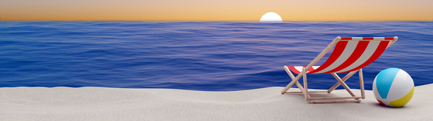 Fototapeta na wymiar Sunbed and Sea Ball on the Beach at Sunset