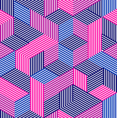 Seamless isometric lines geometric pattern, 3D cubes vector tiling background, architecture and construction, wallpaper design.