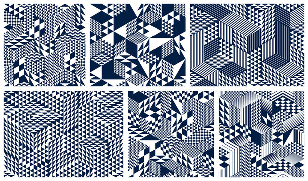 3D cubes seamless patterns vector backgrounds, rhombuses and triangles dimensional blocks, architecture and construction, geometric designs.