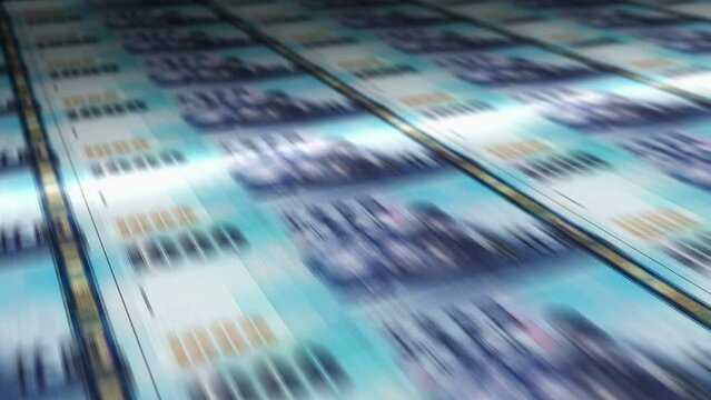 Taiwan Dollar money sheet printing. TWD banknotes loop print. Seamless and looped background concept of finance, economy crisis, inflation and business.
