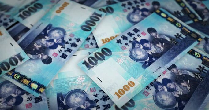 Taiwan Dollar growing pile of money. TWD banknotes loop rotaring. Seamless and looped background concept of finance, economy crisis, inflation and business.