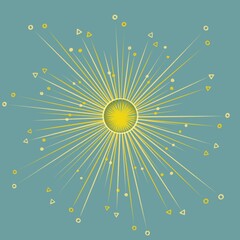 Gold sun witn rays, gold and blue stars