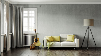 Beautiful interior of a modern room. Bright and clean design. A sofa standing by a large window against a wall background. 3D rendering