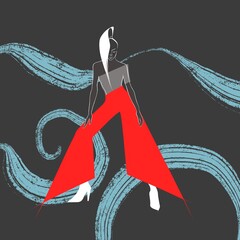 Fashionable image of a girl in red pants on an abstract background with spirals