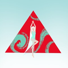 Model in blue transparent dress on the background of the red triangle