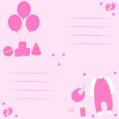 Postcard for newborn baby girl. Baby shower invitation. Vector illustration with toys