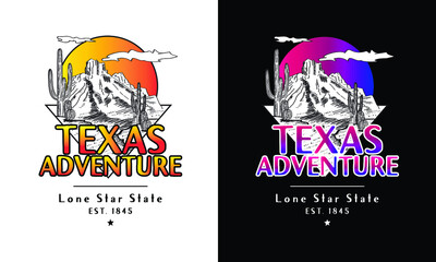 Gradient Texas Adventure T-shirt print. Lone Star State Hand-drawn effects.

