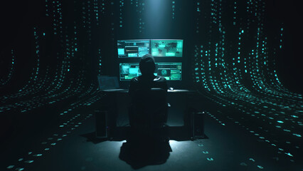 Minimalistic concept of alone hacker programmer surrounded by green programming codes in a dark...