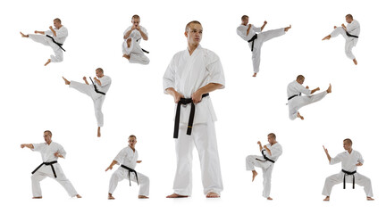 Collage of young sportive man in white kimono practising, training martial arts, karate isolated...