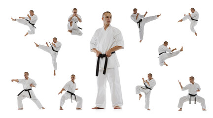 Collage of young sportive man in white kimono practising, training martial arts, karate isolated over white background © Lustre Art Group 