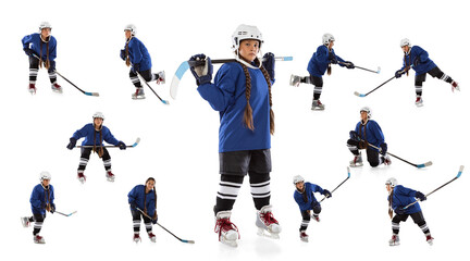Collage of teen girl, professional hockey player in blue protective uniform training isolated over white background