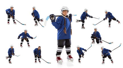 Collage of teen girl, professional hockey player in blue protective uniform training isolated over...