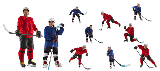 Collage ofman and girl, professional hockey players posing isolated over white background