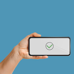 Smartphone screen displaying validation process confirmation isolated on blue background