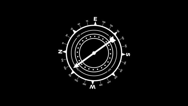 Nautical compass. Dial and magnetic needle that moves independently. Animated illustration on black background for chroma key. Seamless loop