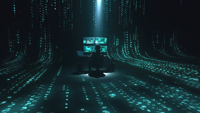Minimalistic concept of alone hacker programmer surrounded by green programming codes in a dark ambient cyber space, sitting at a table with four monitors doing a hacking attack