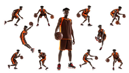 Collage of portrait of professional basketball player in brown uniform playing, training isolated...