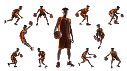 Fotobehang Collage of portrait of professional basketball player in brown uniform playing, training isolated over white background © Lustre