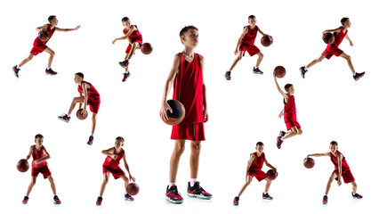 Fototapeta na wymiar Collage of portrait of teen boy, basketball player in red uniform playing, training isolated over white background