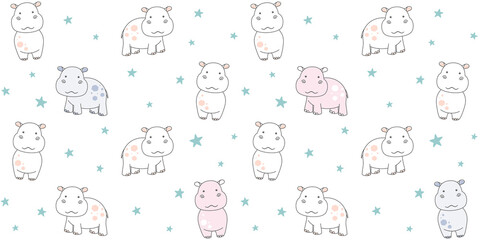 Cute little hippo on white background with small stars. Endless texture with behemoth. Vector seamless pattern for kids wallpaper, cover, wrapping paper, packaging, wrapper, surface texture and print